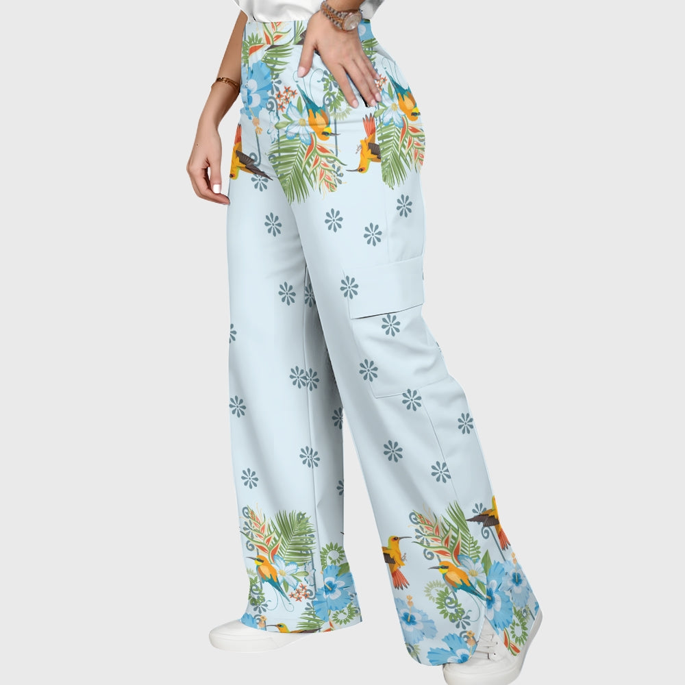 Women's Stand-Up Tie Zipper Floral Printed Scrub Set SF9127