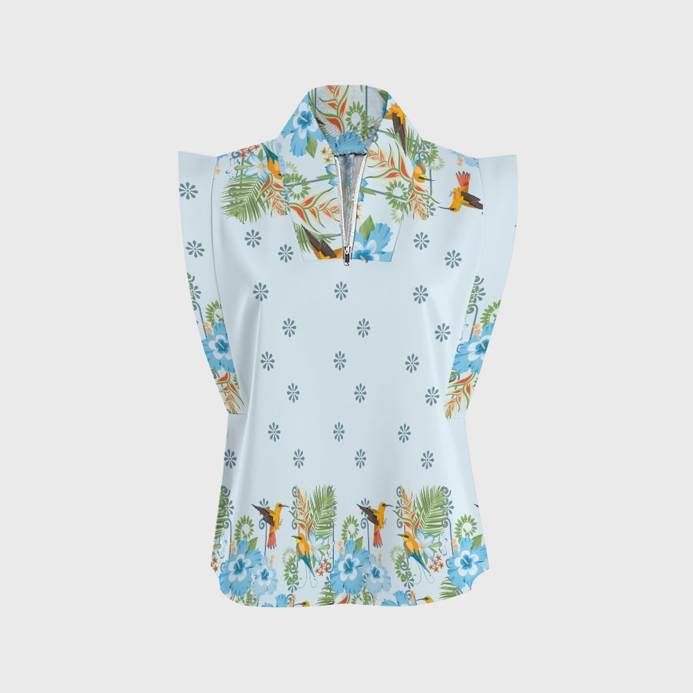 Women's Stand-Up Tie Zipper Floral Printed Scrub Set SF9127
