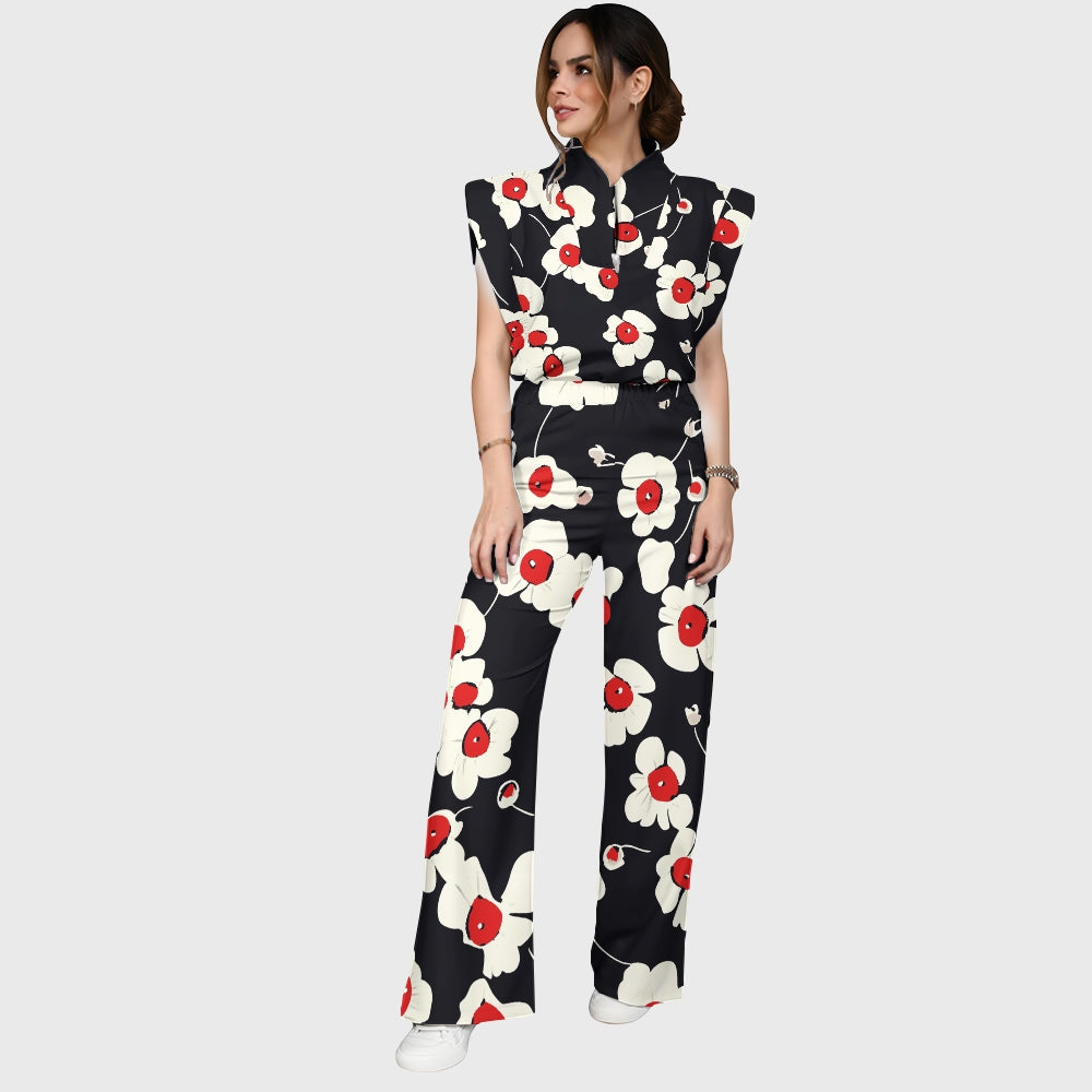 Women's Stand-Up Tie Zipper Floral Printed Scrub Set SF9128
