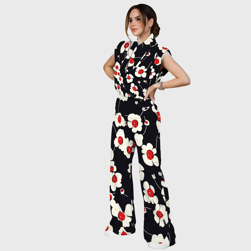 Women's Stand-Up Tie Zipper Floral Printed Scrub Set SF9128