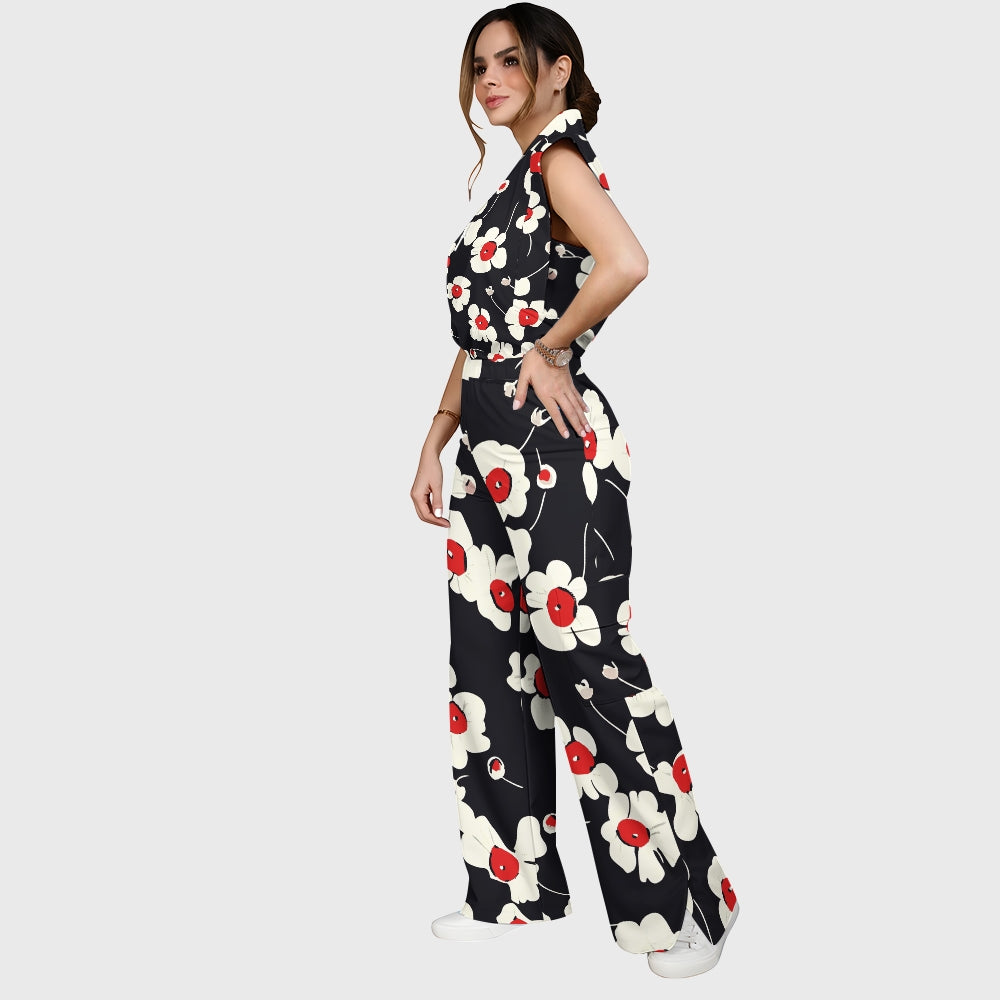 Women's Stand-Up Tie Zipper Floral Printed Scrub Set SF9128