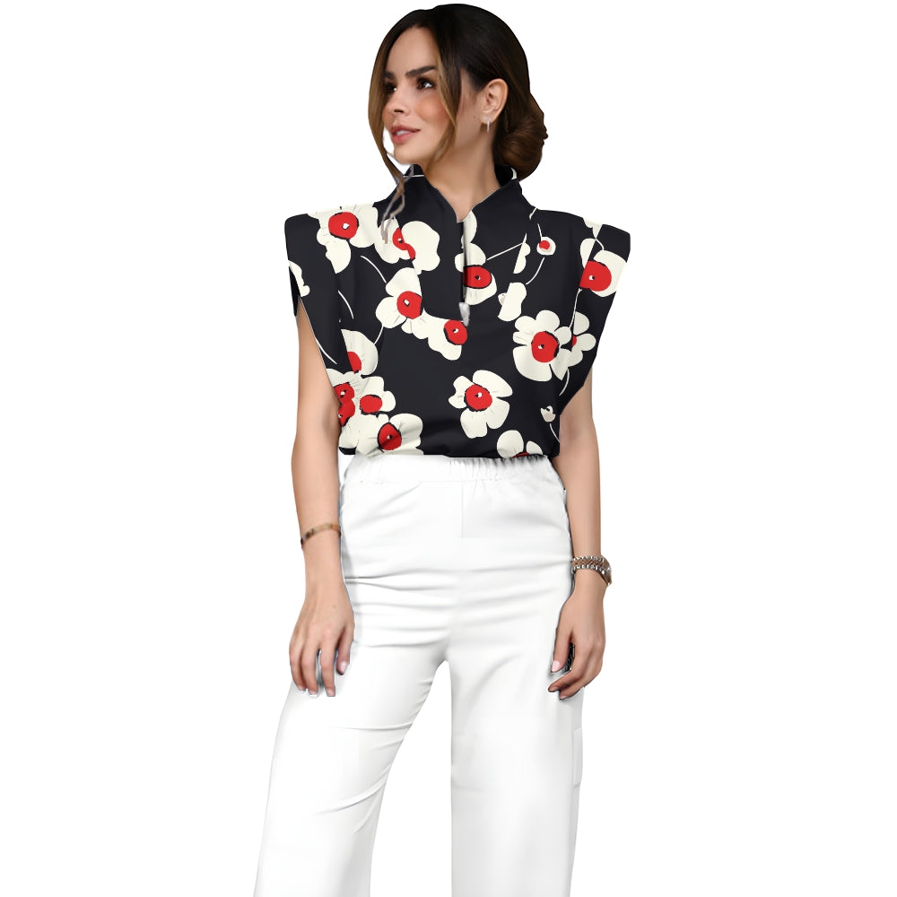Women's Stand-Up Tie Zipper Floral Printed Scrub Set SF9128