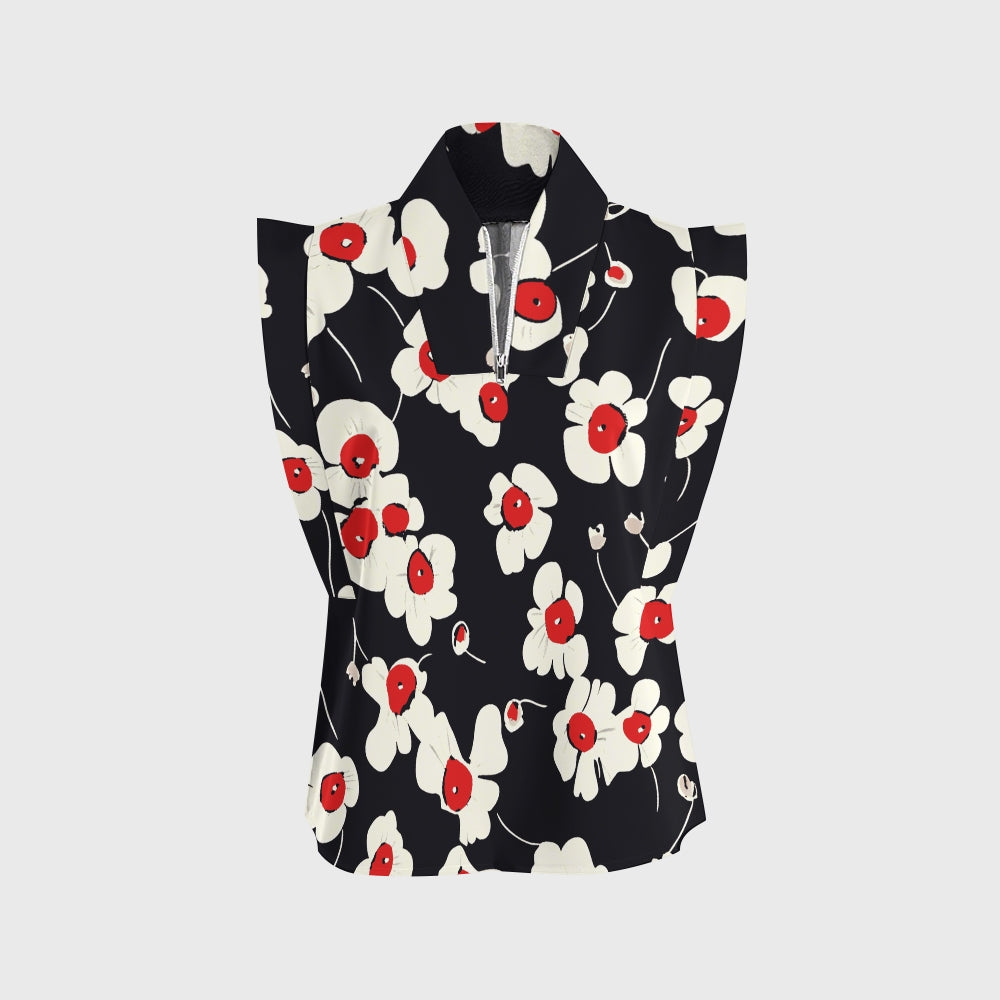 Women's Stand-Up Tie Zipper Floral Printed Scrub Set SF9128