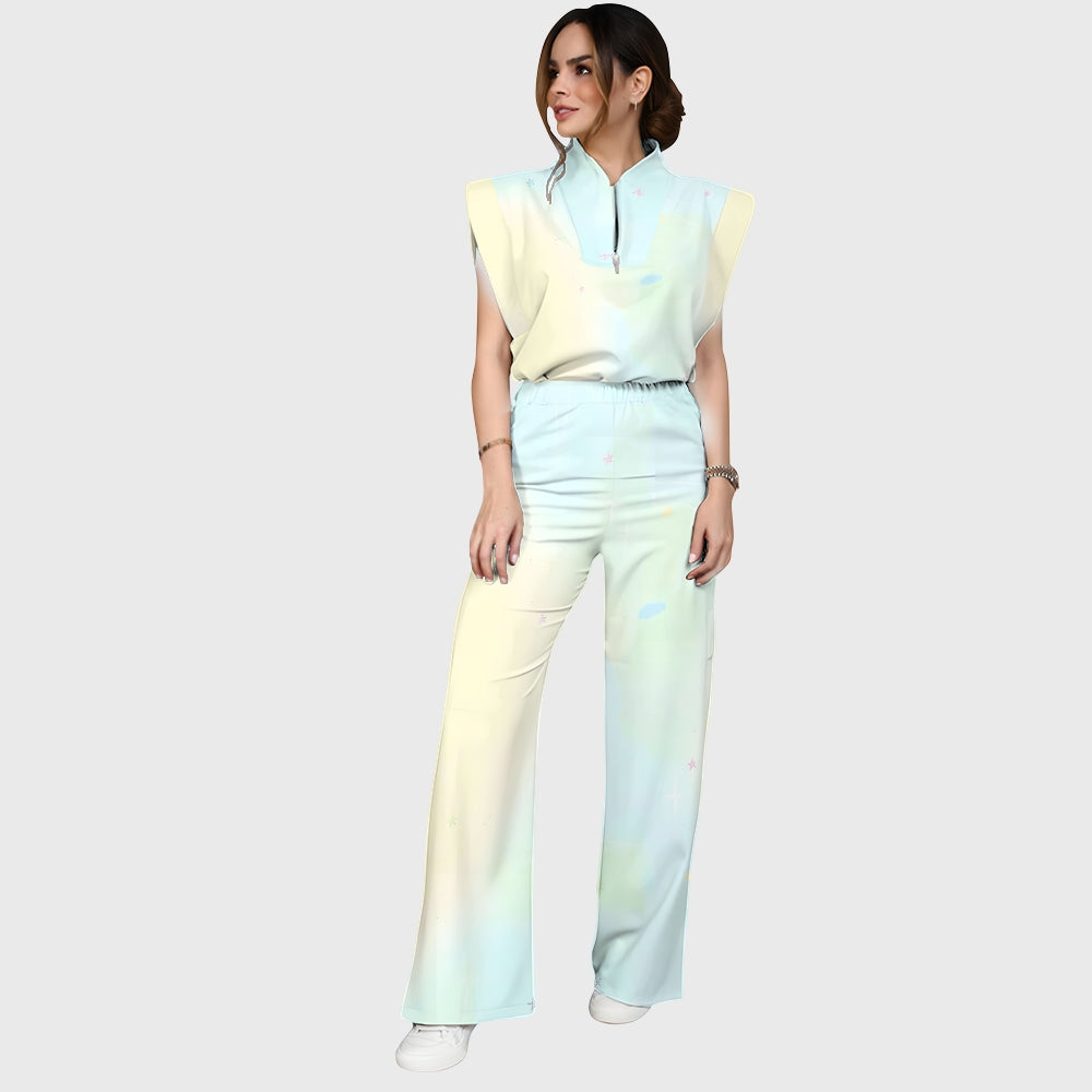 Women's Stand-Up Tie Zipper Gradient Printed Scrub Set SF91210