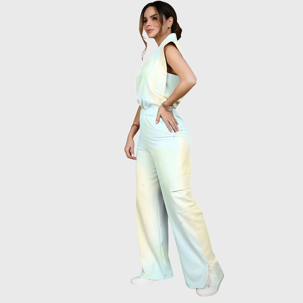 Women's Stand-Up Tie Zipper Gradient Printed Scrub Set SF91210