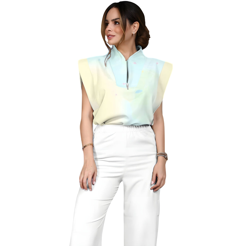 Women's Stand-Up Tie Zipper Gradient Printed Scrub Set SF91210