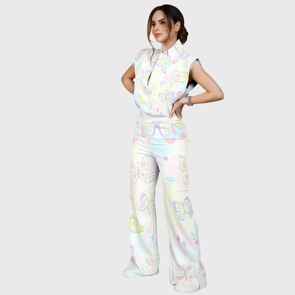 Women's Stand-Up Tie Zipper Gradient Printed Scrub Set SF91212