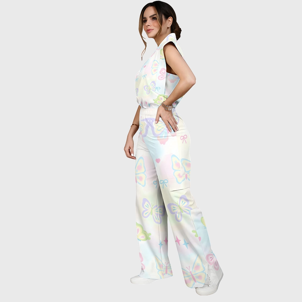 Women's Stand-Up Tie Zipper Gradient Printed Scrub Set SF91212