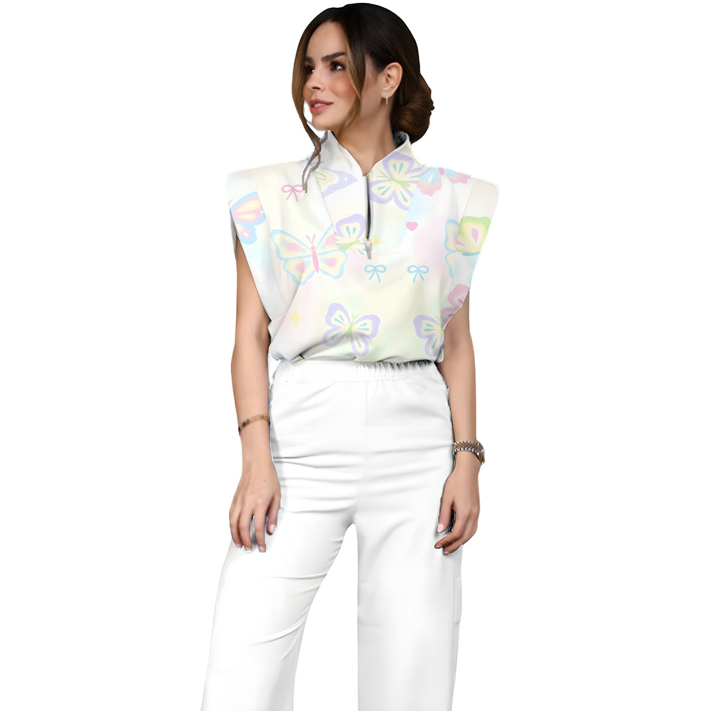 Women's Stand-Up Tie Zipper Gradient Printed Scrub Set SF91212