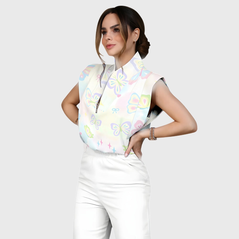 Women's Stand-Up Tie Zipper Gradient Printed Scrub Set SF91212