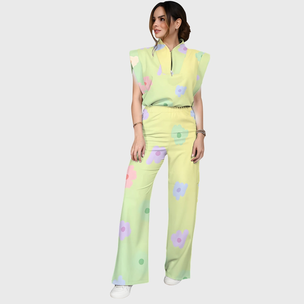 Women's Stand-Up Tie Zipper Gradient Printed Scrub Set SF91213