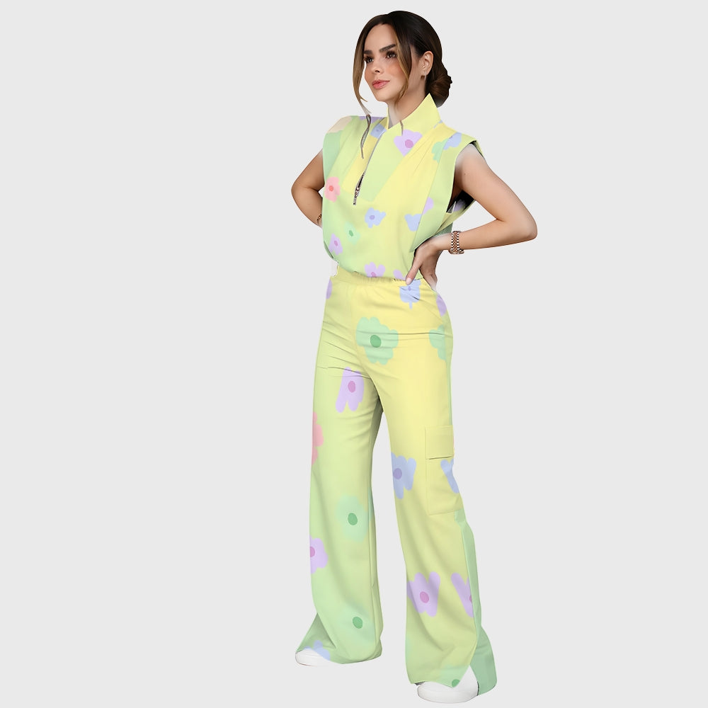 Women's Stand-Up Tie Zipper Gradient Printed Scrub Set SF91213