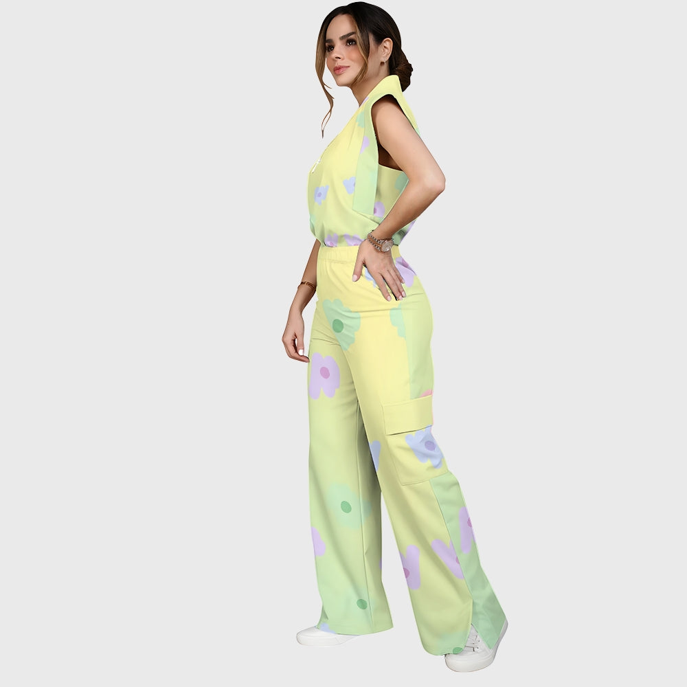 Women's Stand-Up Tie Zipper Gradient Printed Scrub Set SF91213