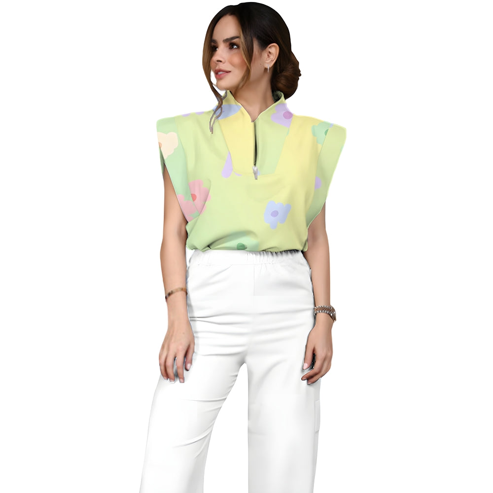 Women's Stand-Up Tie Zipper Gradient Printed Scrub Set SF91213