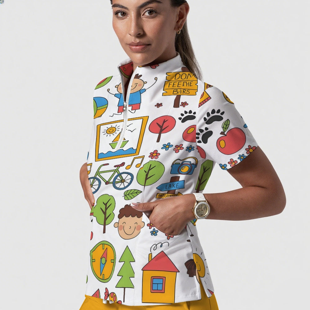 Women's Stand-Up Tie Zipper Cartoon Printed Scrub Set ST9109