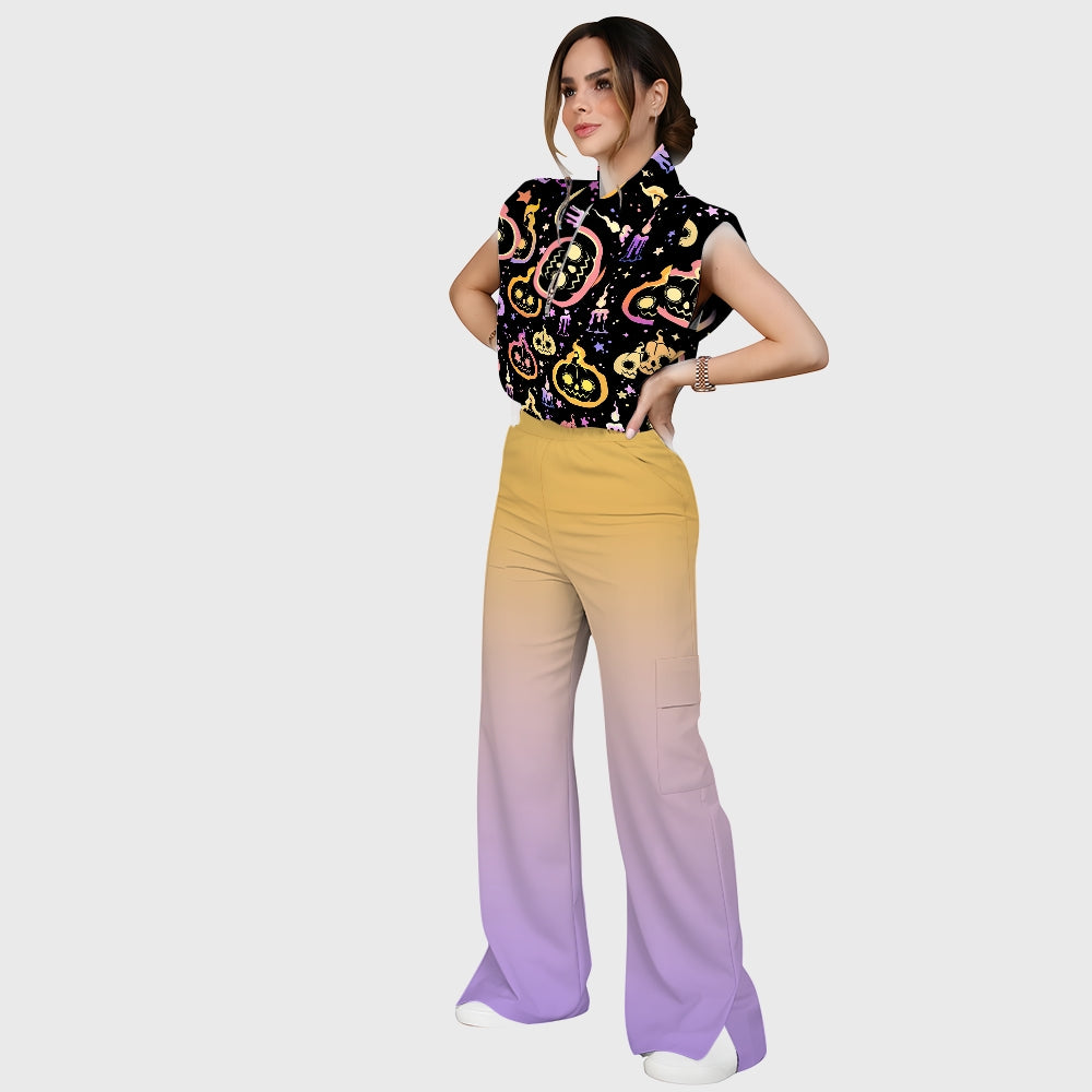 Women's Stand-Up Tie Zipper Halloween Printed Scrub Set SF91215