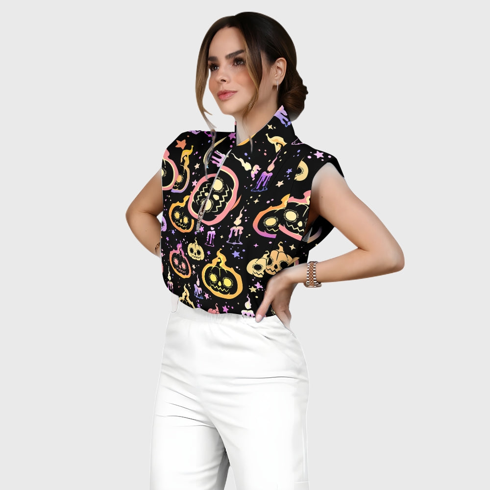Women's Stand-Up Tie Zipper Halloween Printed Scrub Set SF91215