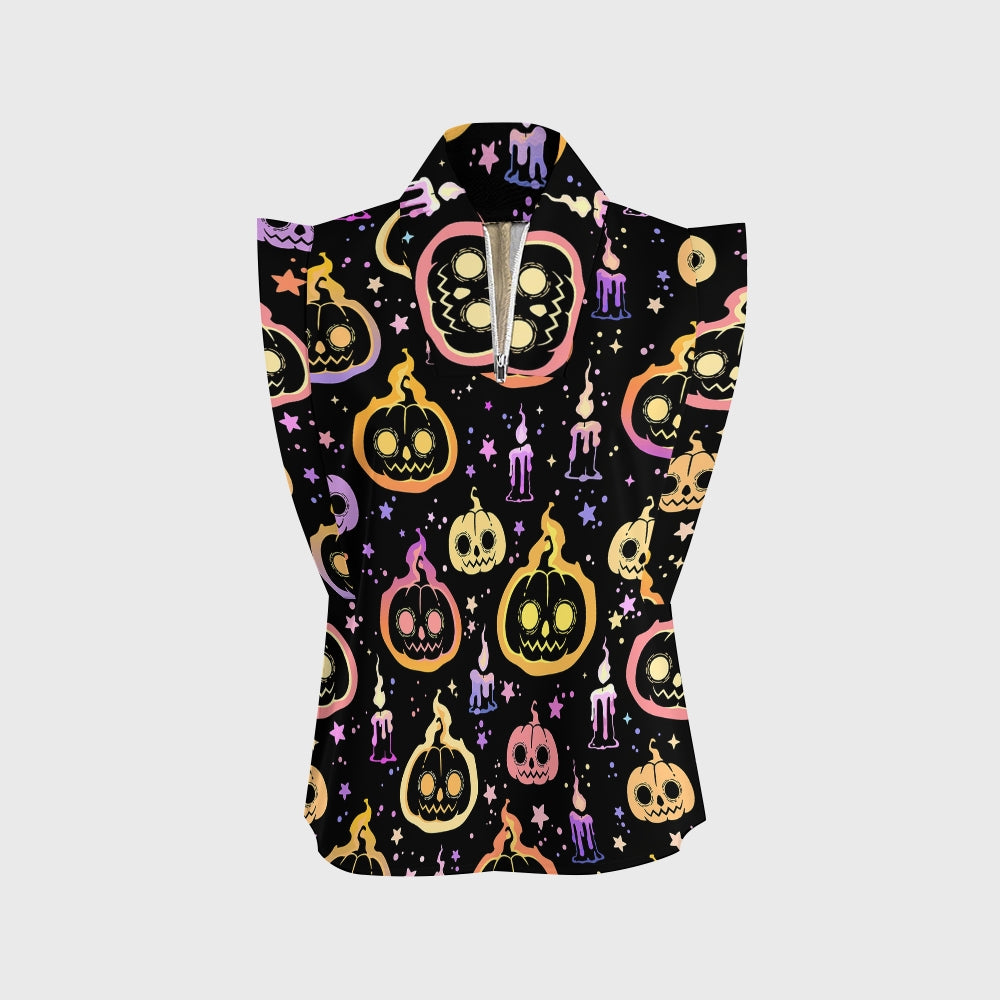 Women's Stand-Up Tie Zipper Halloween Printed Scrub Set SF91215