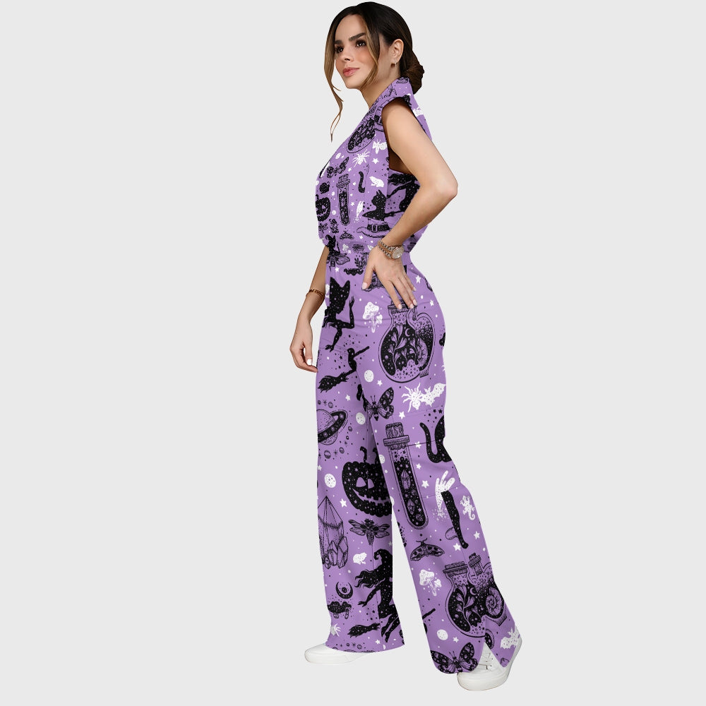 Women's Stand-Up Tie Zipper Halloween Printed Scrub Set SF91216