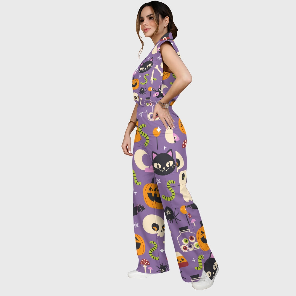 Women's Stand-Up Tie Zipper Halloween Printed Scrub Set SF91217