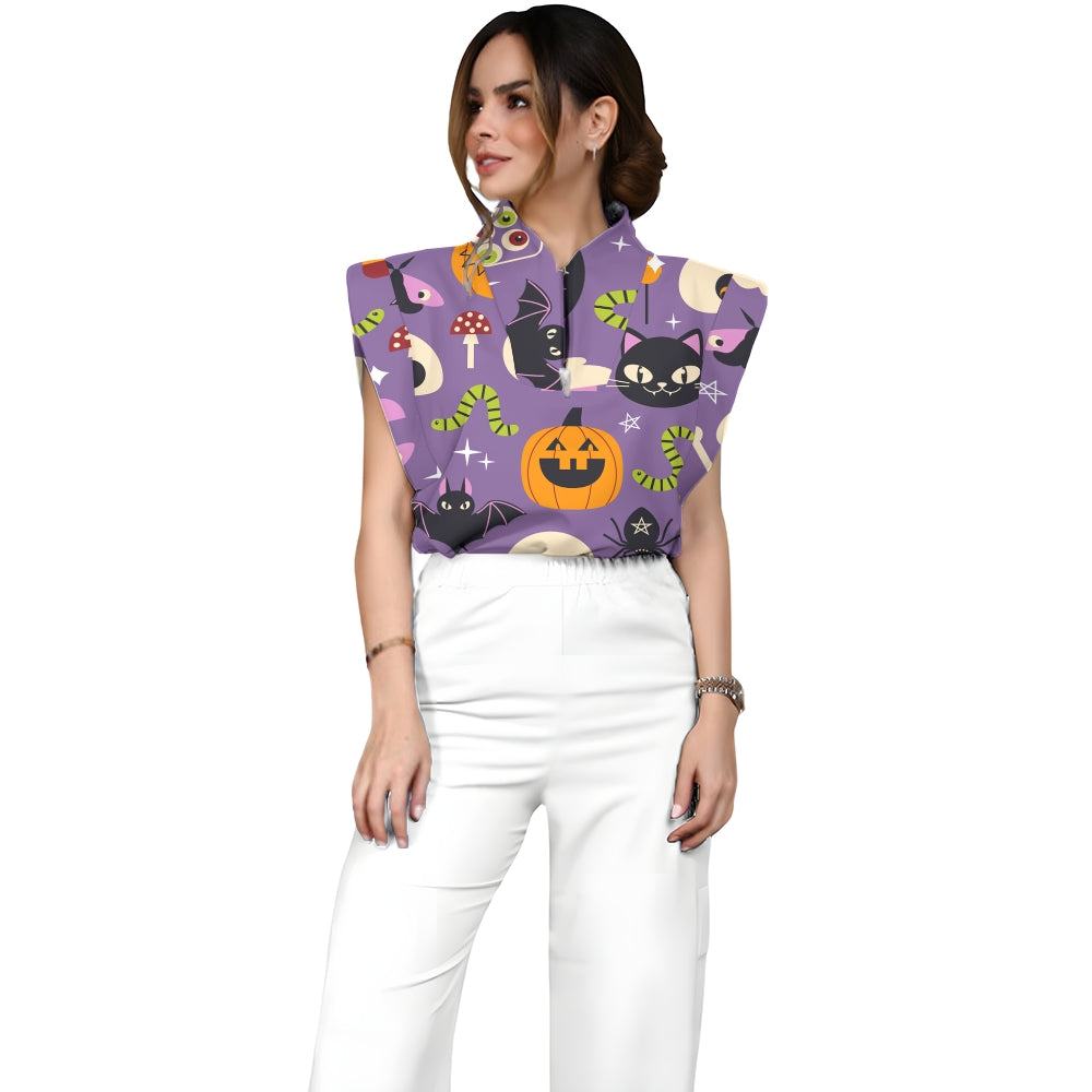 Women's Stand-Up Tie Zipper Halloween Printed Scrub Set SF91217