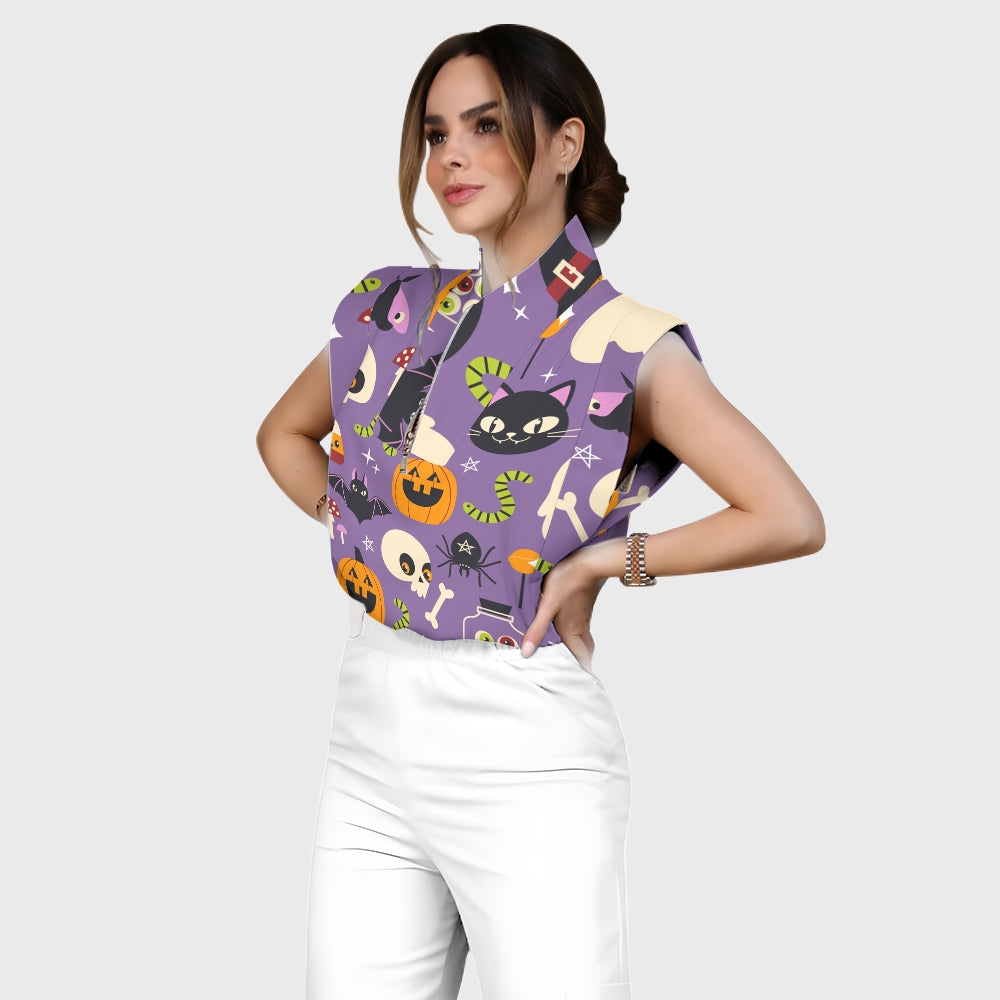 Women's Stand-Up Tie Zipper Halloween Printed Scrub Set SF91217