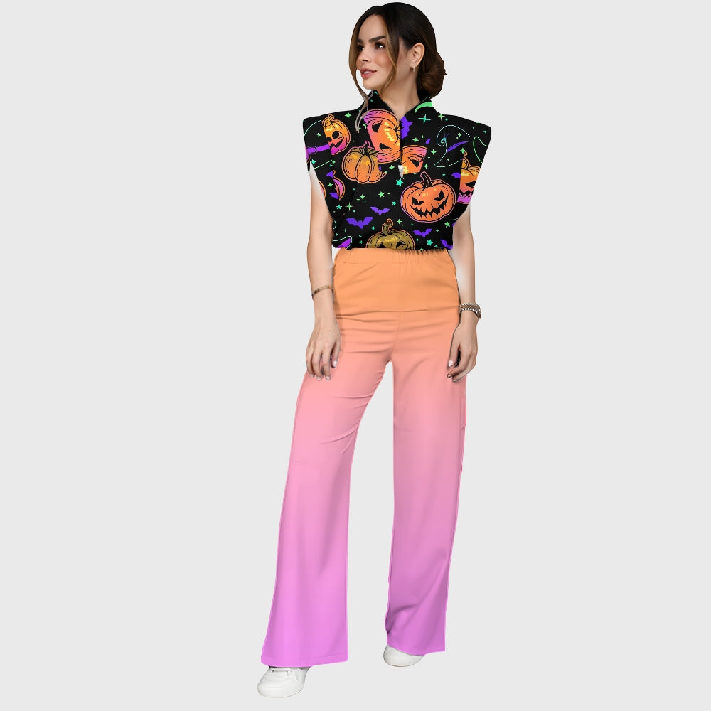 Women's Stand-Up Tie Zipper Halloween Printed Scrub Set SF91218