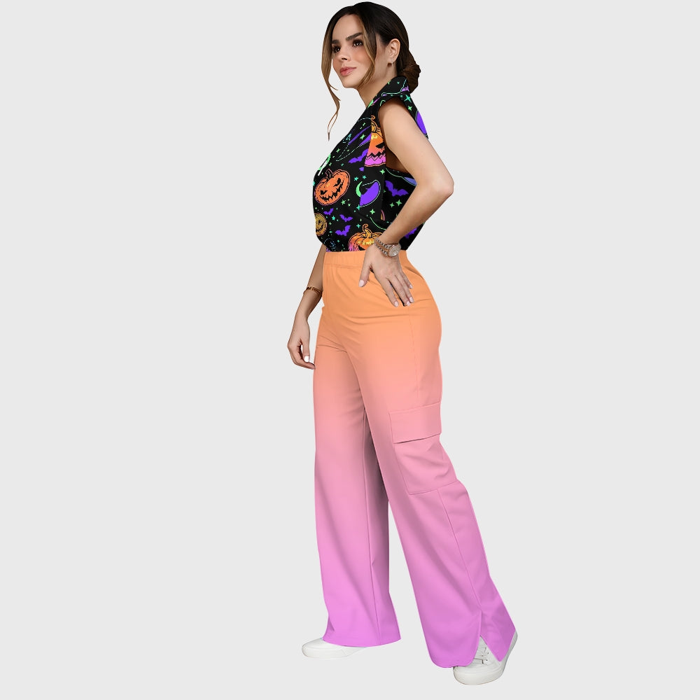 Women's Stand-Up Tie Zipper Halloween Printed Scrub Set SF91218