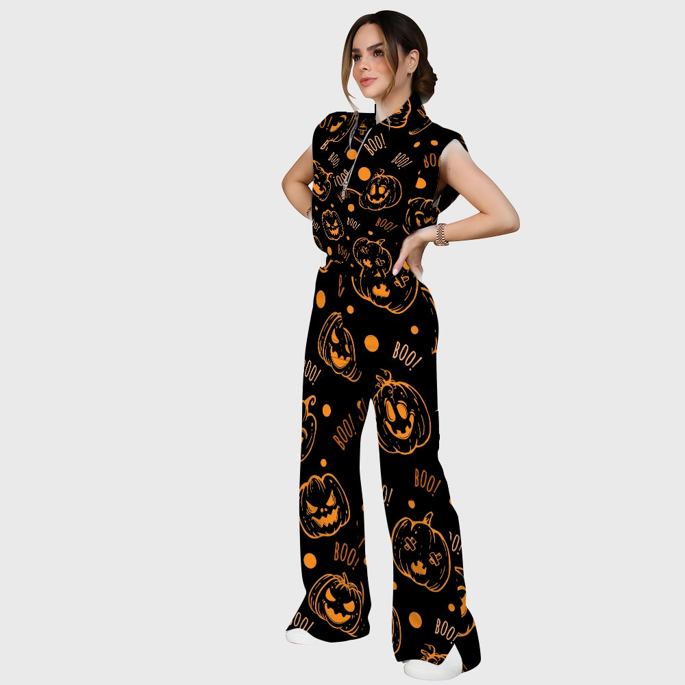 Women's Stand-Up Tie Zipper Halloween Printed Scrub Set SF91219