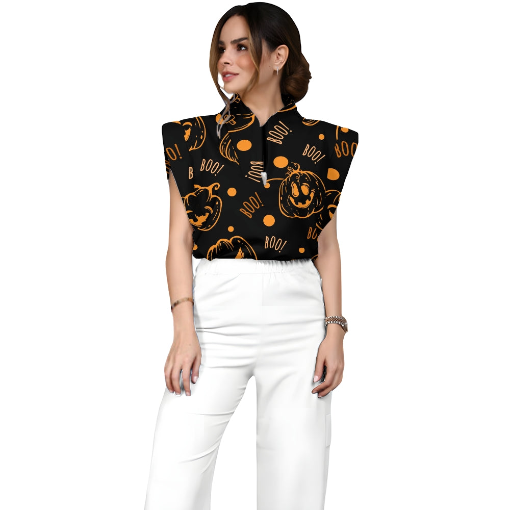 Women's Stand-Up Tie Zipper Halloween Printed Scrub Set SF91219