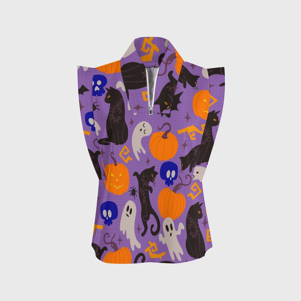 Women's Stand-Up Tie Zipper Halloween Printed Scrub Set SF91220