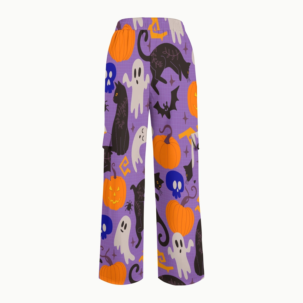 Women's Stand-Up Tie Zipper Halloween Printed Scrub Set SF91220