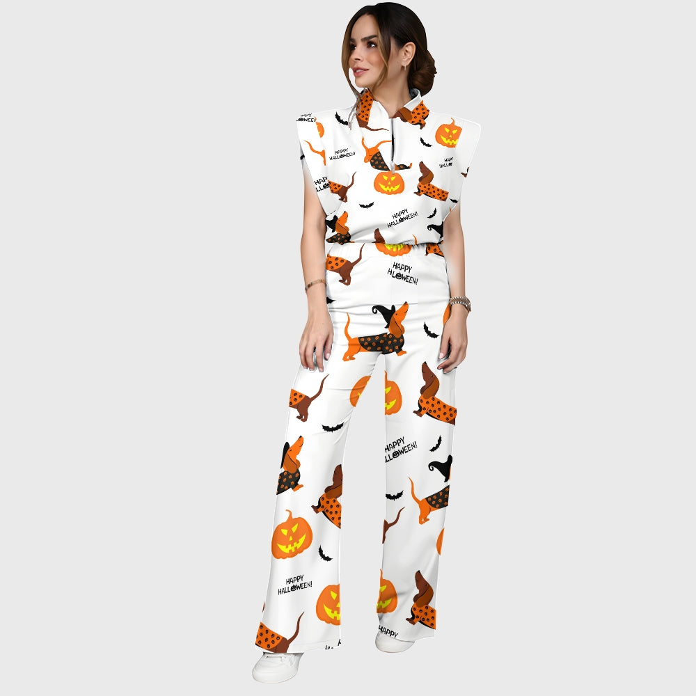 Women's Stand-Up Tie Zipper Halloween Printed Scrub Set SF91221