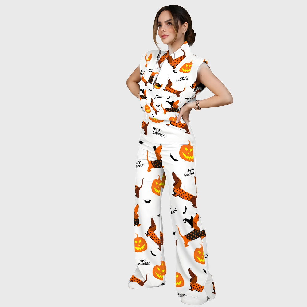 Women's Stand-Up Tie Zipper Halloween Printed Scrub Set SF91221