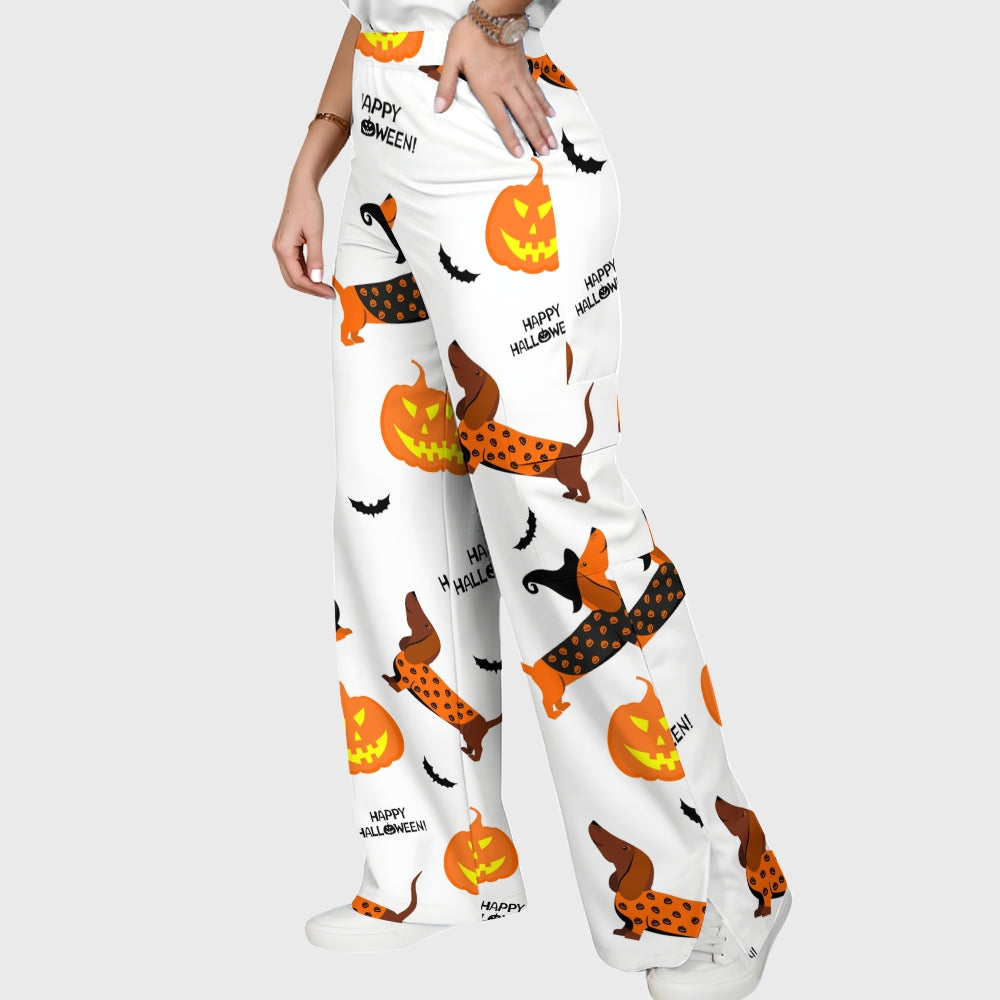 Women's Stand-Up Tie Zipper Halloween Printed Scrub Set SF91221