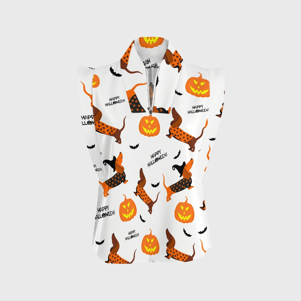 Women's Stand-Up Tie Zipper Halloween Printed Scrub Set SF91221