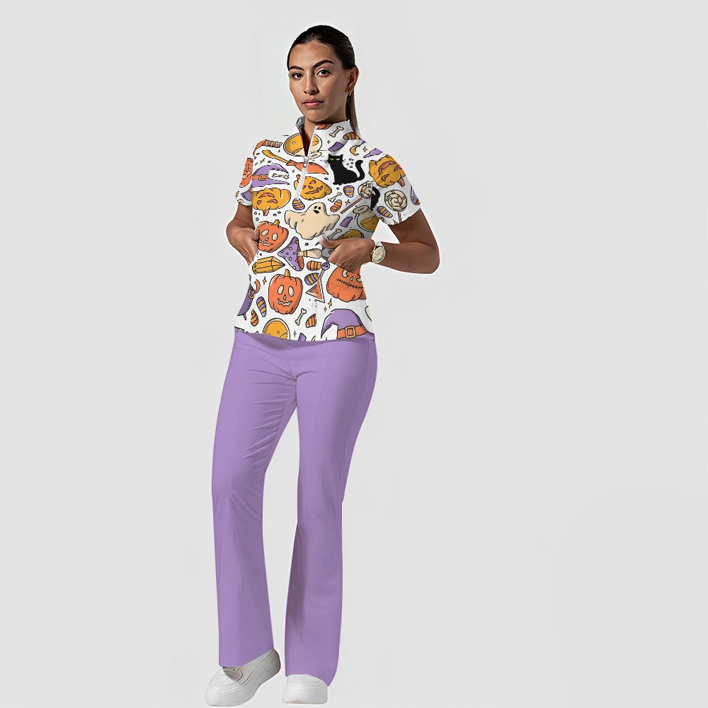 Women's Stand-Up Tie Zipper Halloween Printed Scrub Set ST9121