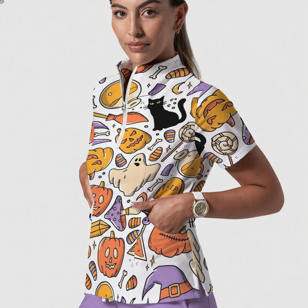 Women's Stand-Up Tie Zipper Halloween Printed Scrub Set ST9121