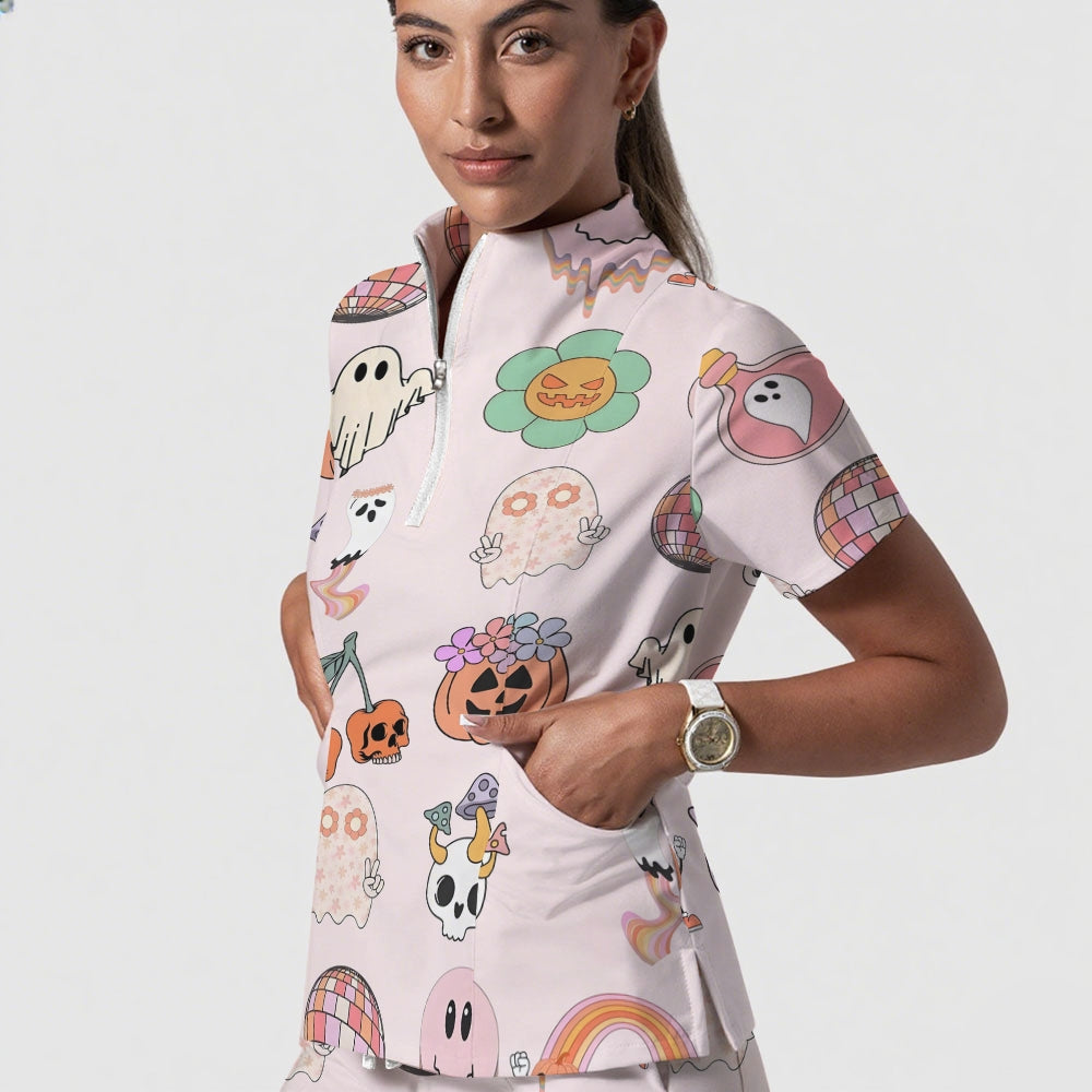 Women's Stand-Up Tie Zipper Halloween Printed Scrub Set ST9122