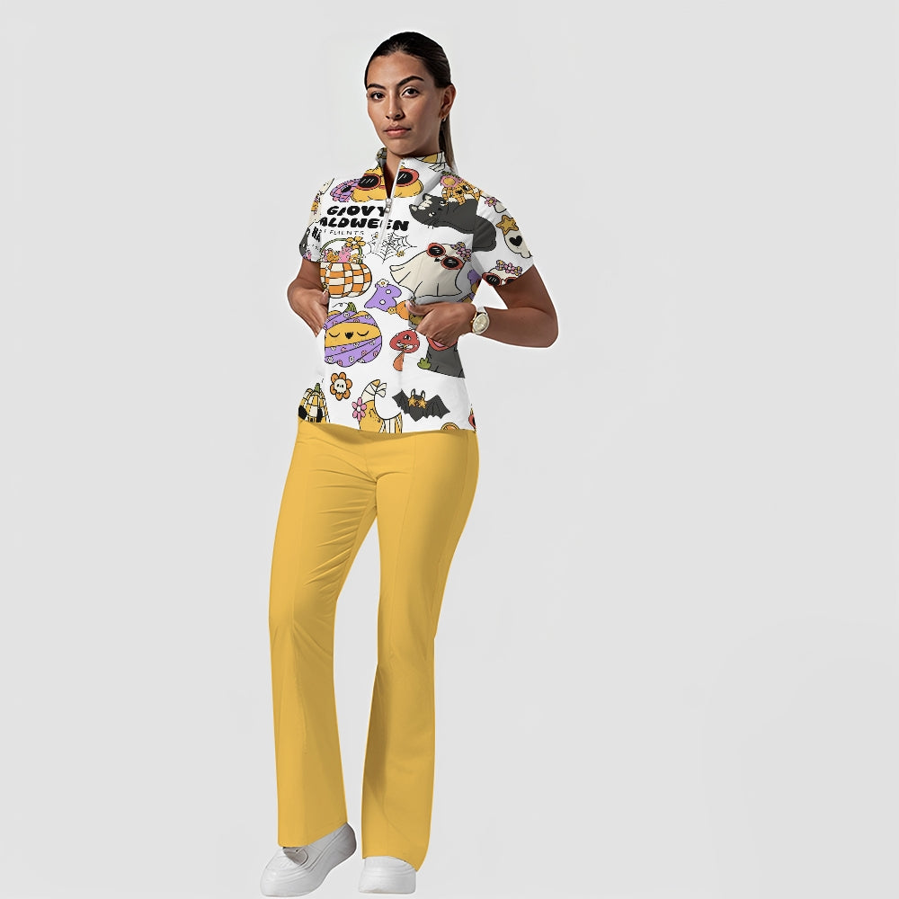Women's Stand-Up Tie Zipper Halloween Printed Scrub Set ST9123