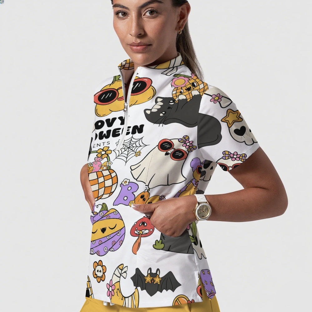 Women's Stand-Up Tie Zipper Halloween Printed Scrub Set ST9123