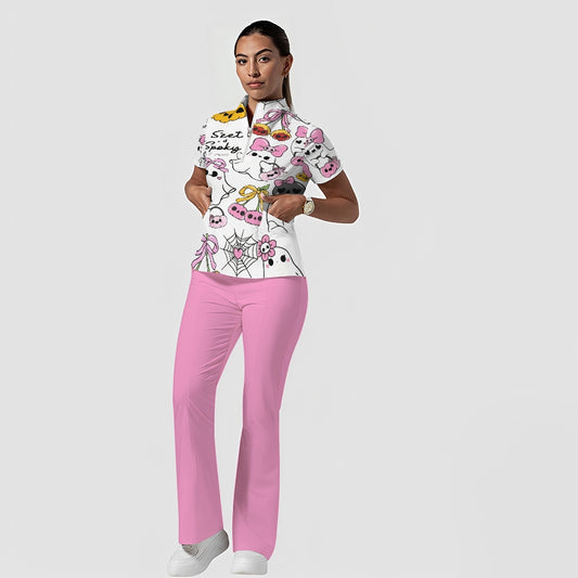 Women's Stand-Up Tie Zipper Halloween Printed Scrub Set ST9124