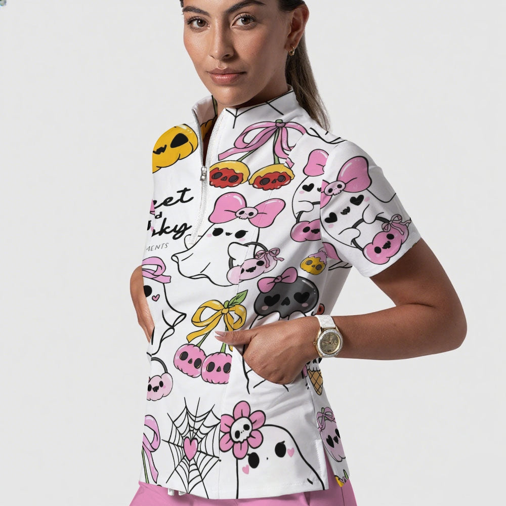 Women's Stand-Up Tie Zipper Halloween Printed Scrub Set ST9124