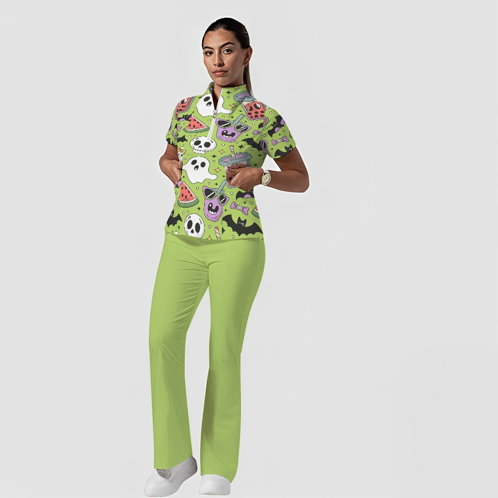 Women's Stand-Up Tie Zipper Halloween Printed Scrub Set ST9125