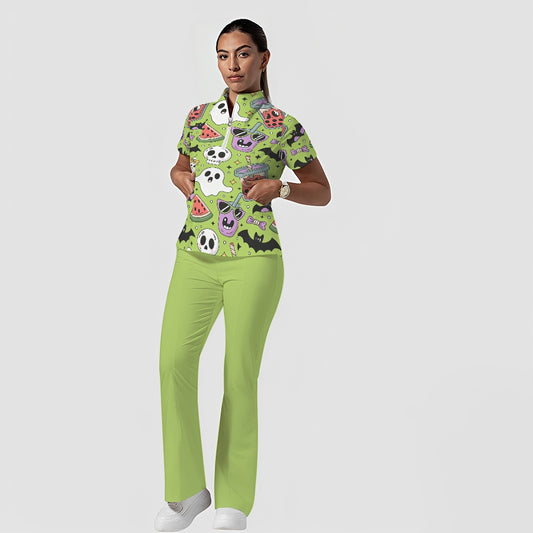 Women's Stand-Up Tie Zipper Halloween Printed Scrub Set ST9125