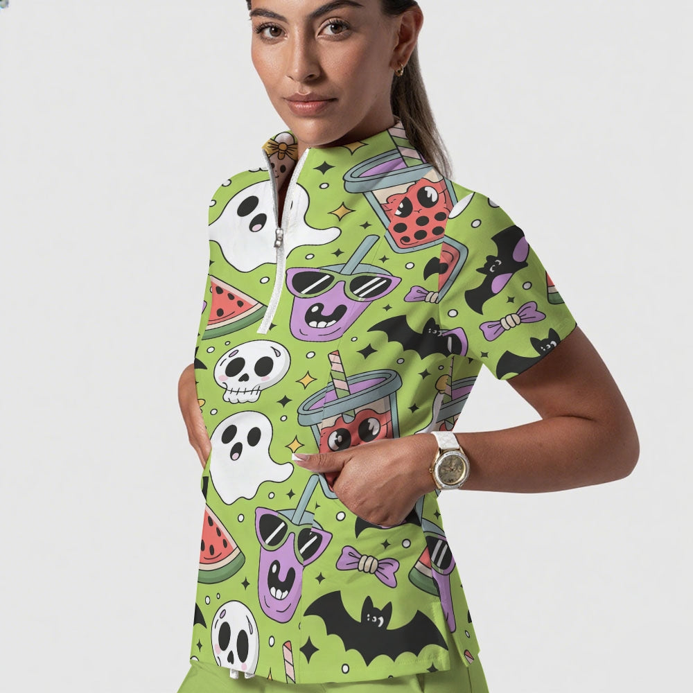 Women's Stand-Up Tie Zipper Halloween Printed Scrub Set ST9125