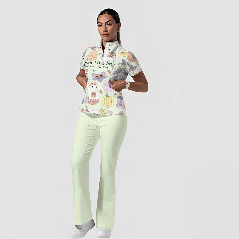 Women's Stand-Up Tie Zipper Halloween Printed Scrub Set ST9126