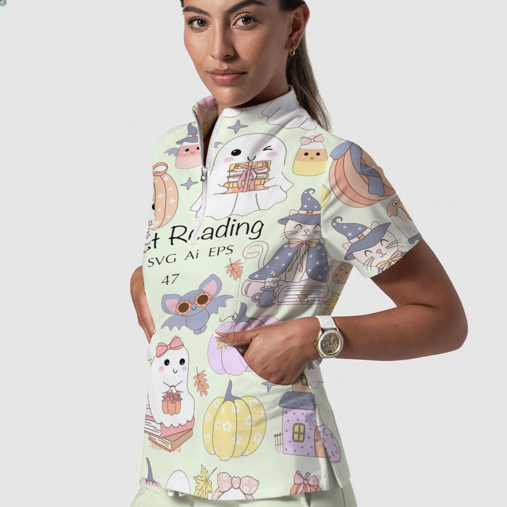 Women's Stand-Up Tie Zipper Halloween Printed Scrub Set ST9126