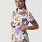 Women's Stand-Up Tie Zipper Halloween Printed Scrub Set ST9127