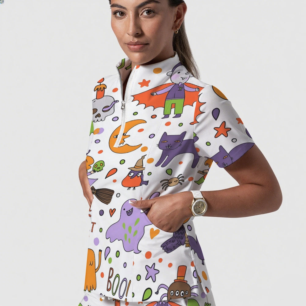 Women's Stand-Up Tie Zipper Halloween Printed Scrub Set ST9127